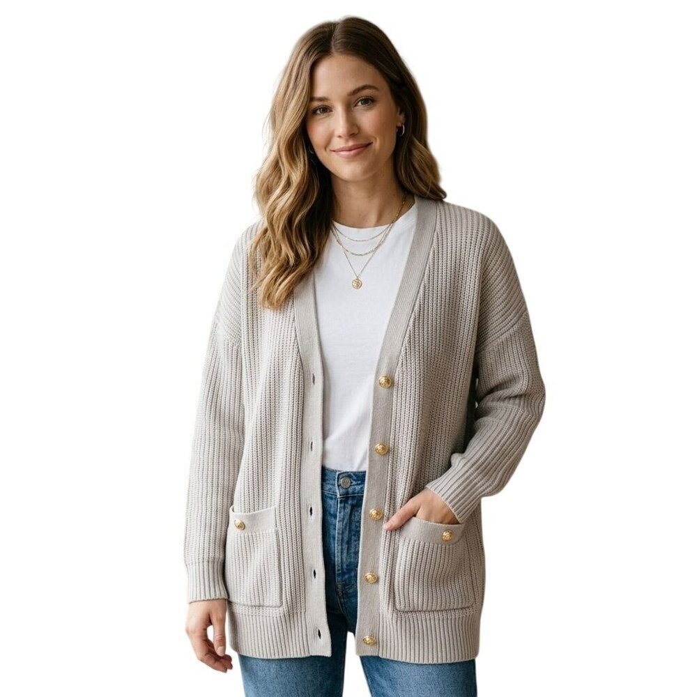 Elie By Elie Tahari Beige Chunky Knit Gold Ornate Button Cardigan Pockets Size M